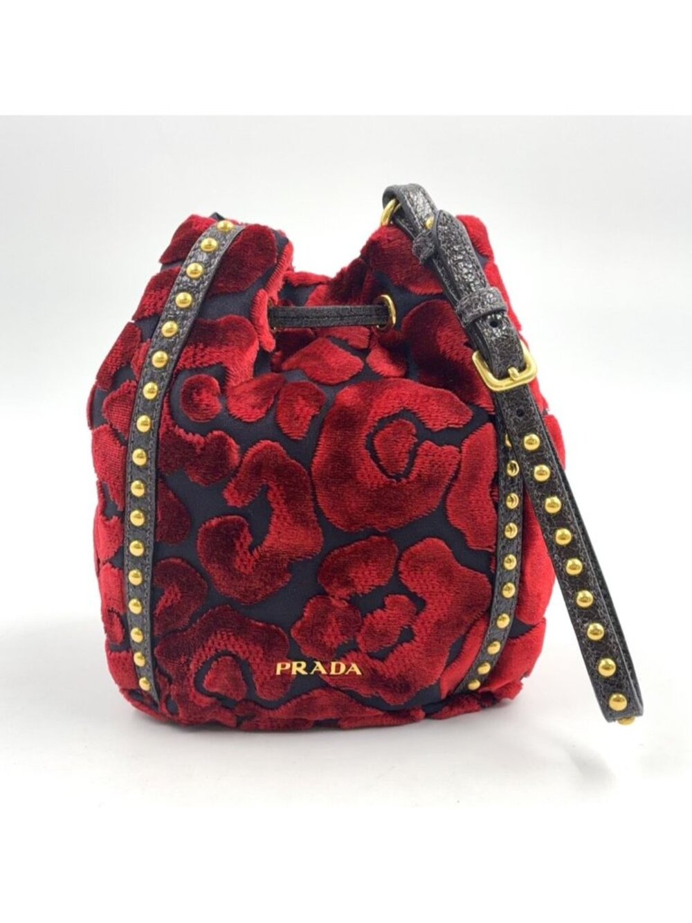 Prada Studs Drawstring Leather Velour Dark Brown Black Red Mini Handbag